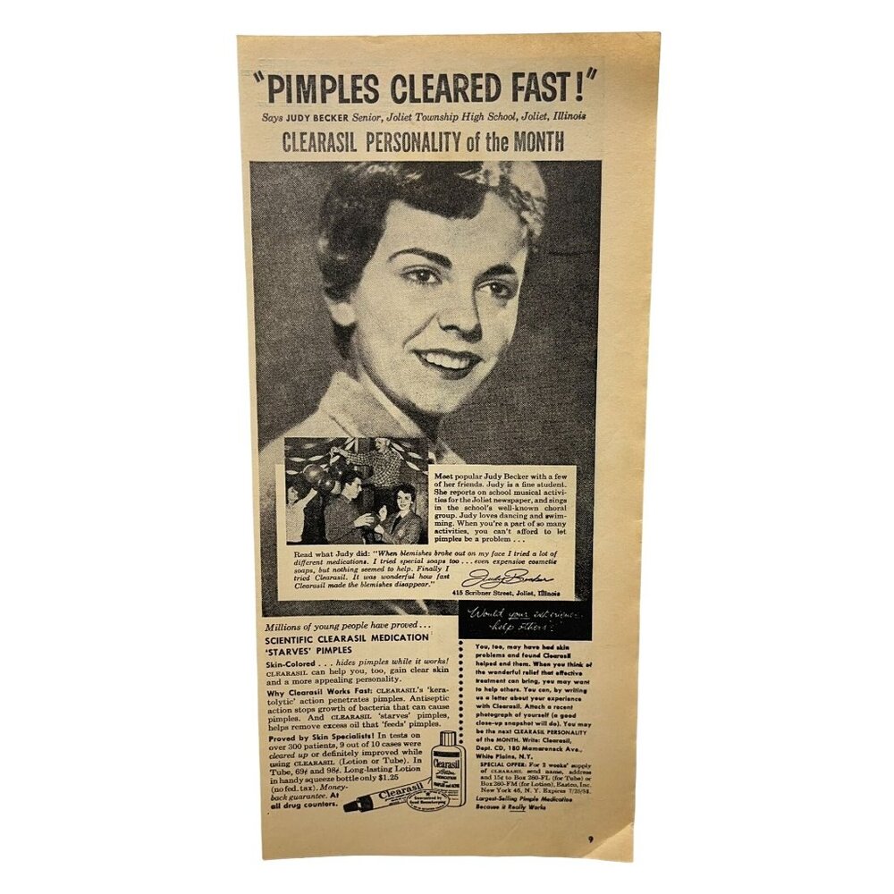 Clearasil Acne Medication Print Ad Vintage 1950s Starves Pimples